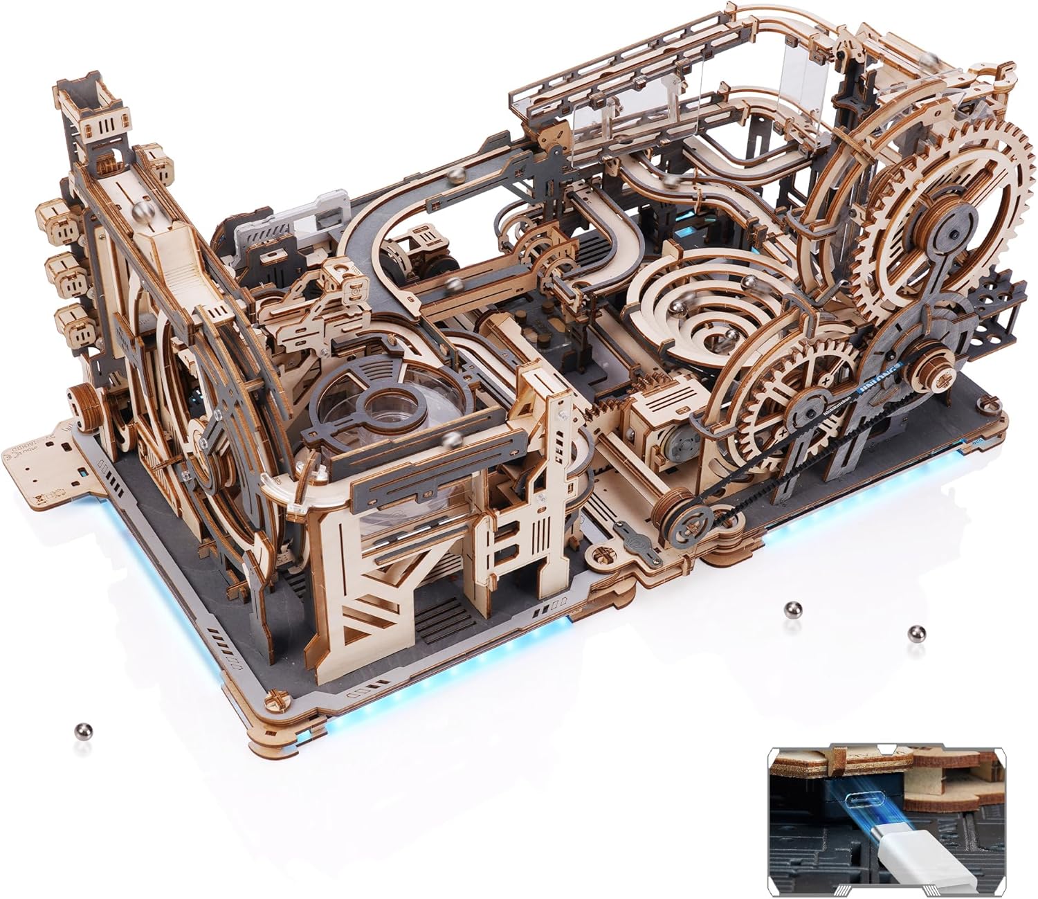 ROKR Marble Run Electric Combination Set 3D Wooden Puzzle Model Kits For Adults To Build Idea For Men Teens-Marble Spaceport & Night City & Link Pack