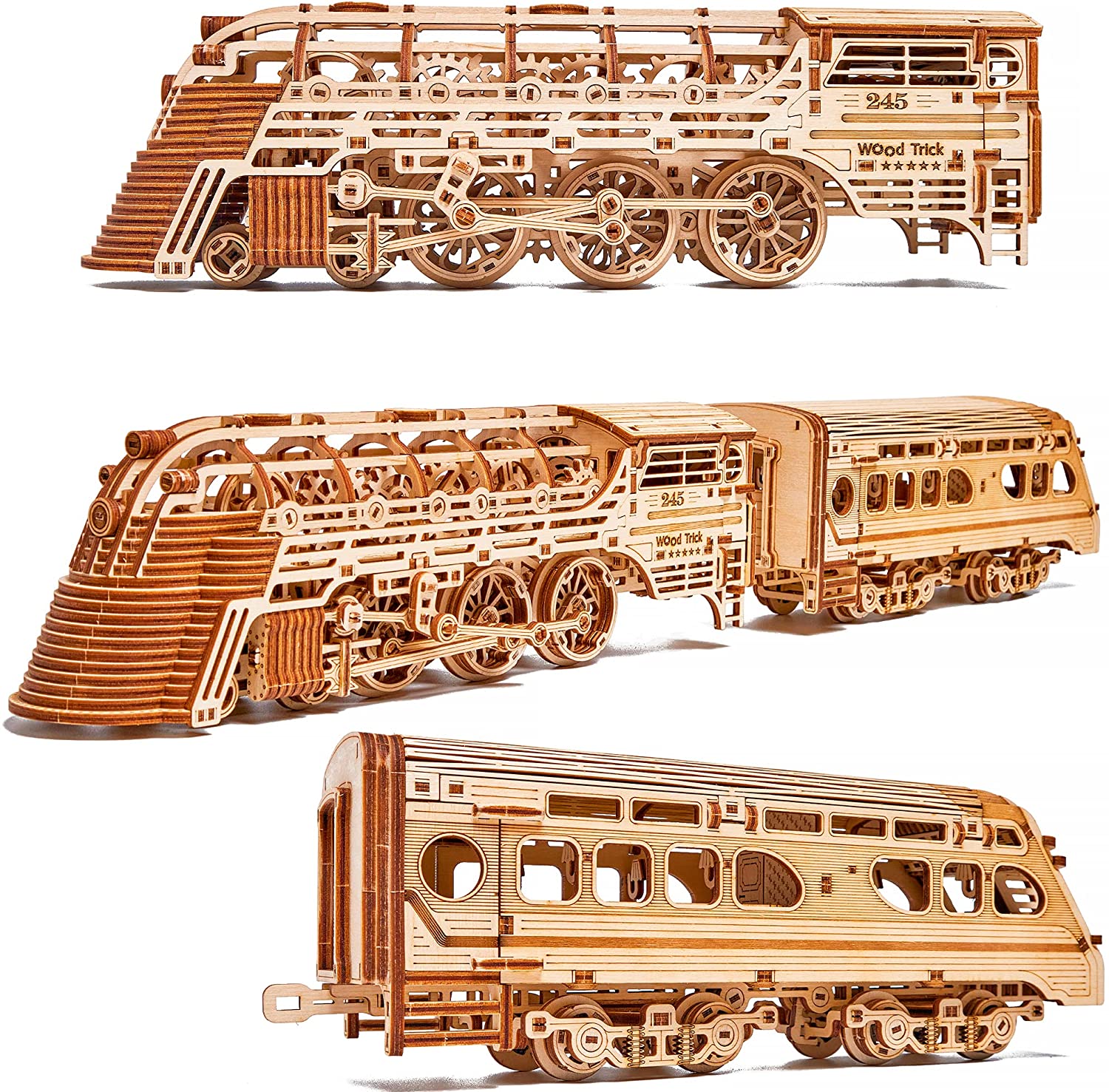 Wood Trick Atlantic Express Train 3D Wooden Puzzles for Adults and Kids to Build - 26.7x4 in - Rides up to 9 ft - Mechanical Locomotive Model Kit for Adults and Kids