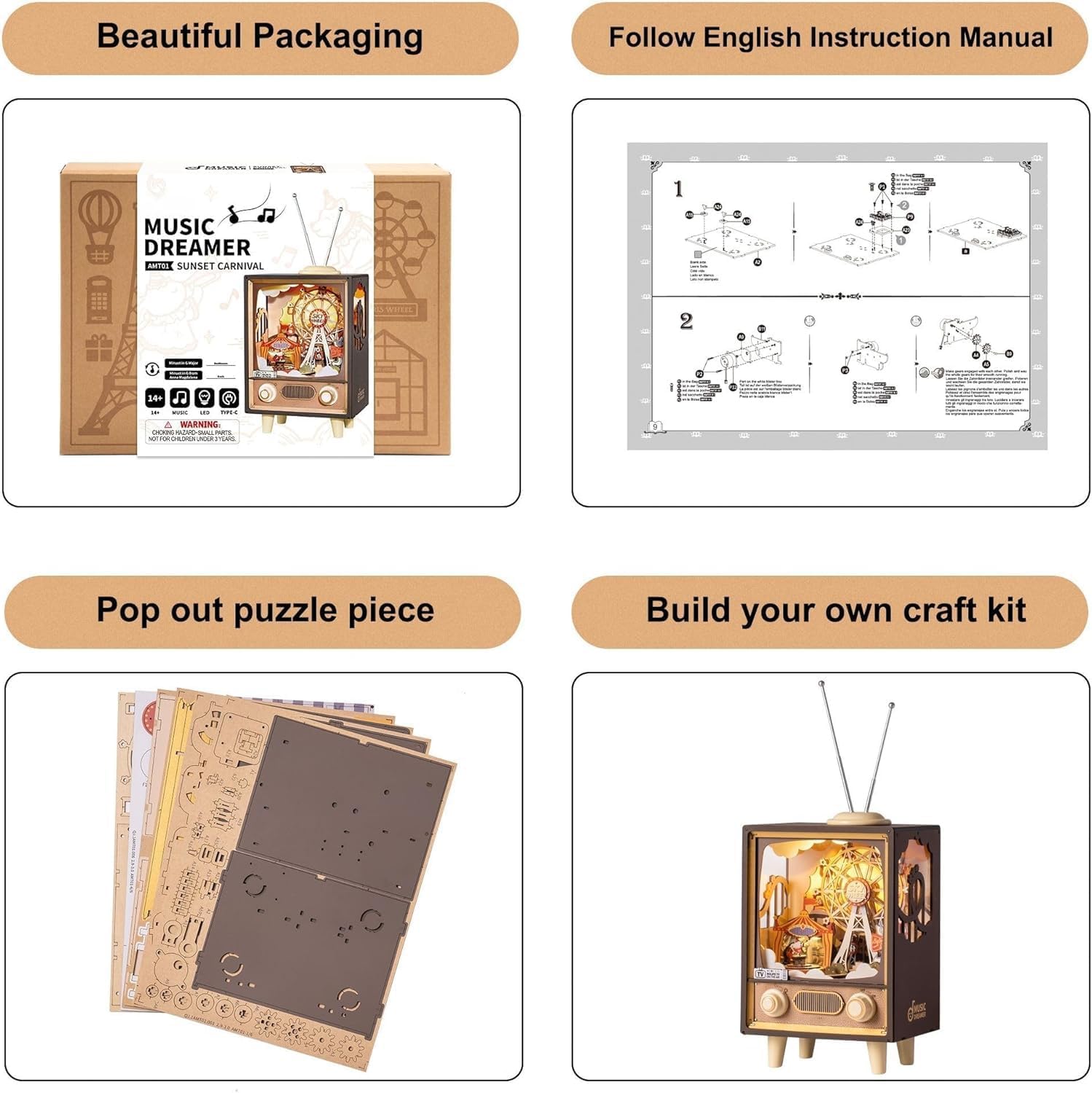 ROBOTIME 3D Puzzle Wooden Music Box Sunset Amusement Park For Adult Production and Children with TYPE-C Connector LED Night Light, Home Decoration Collection for Couple, Girls Birthday