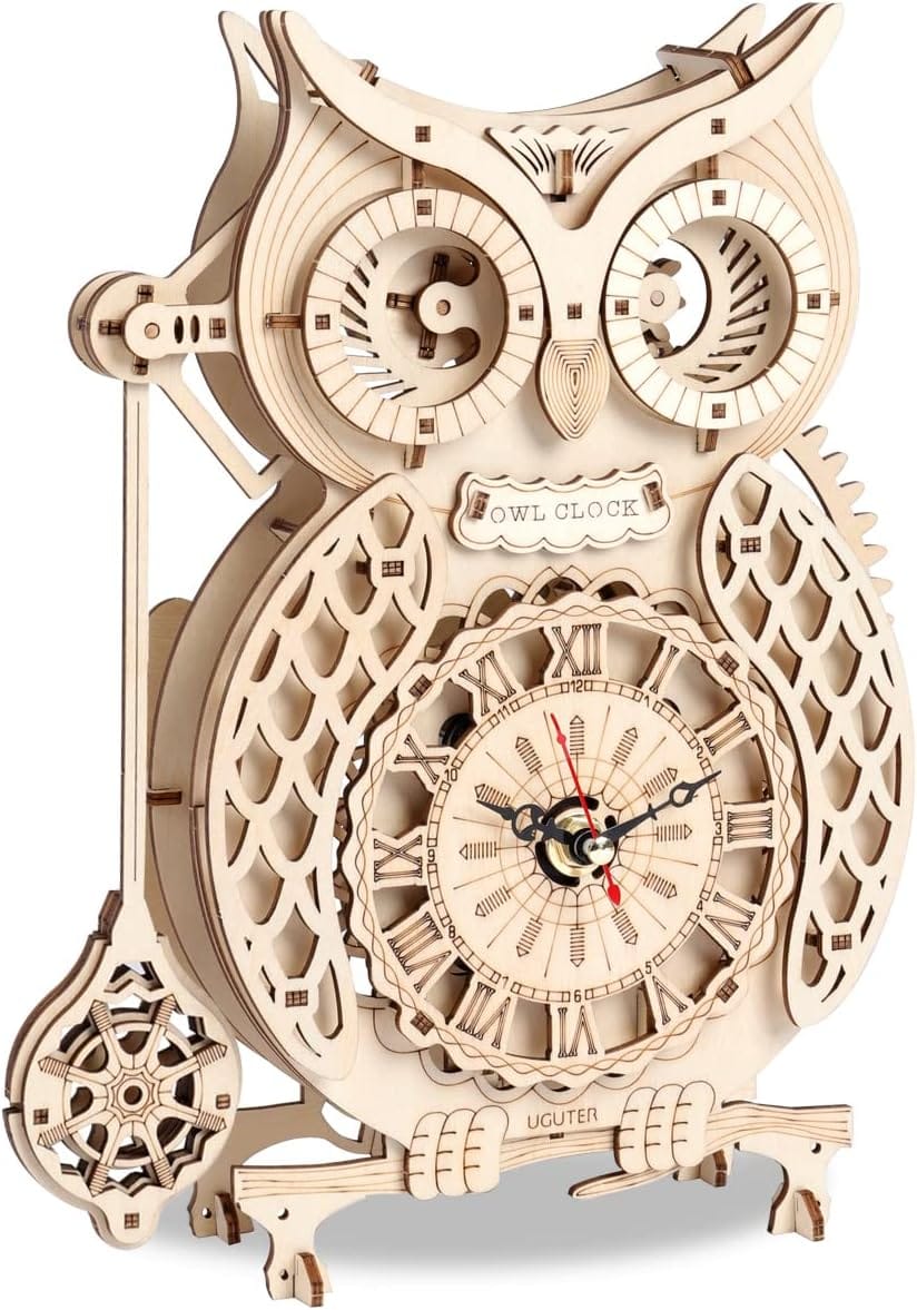 Cuteefun 3D Wooden Puzzle, Owl Clock, Mechanical Model Kits for Adults to Build, Make Your Own Woodcraft Kit, DIY Assembly Toy, Wooden Clock Pendulum Puzzle, Gift for Birthday Fathers Day