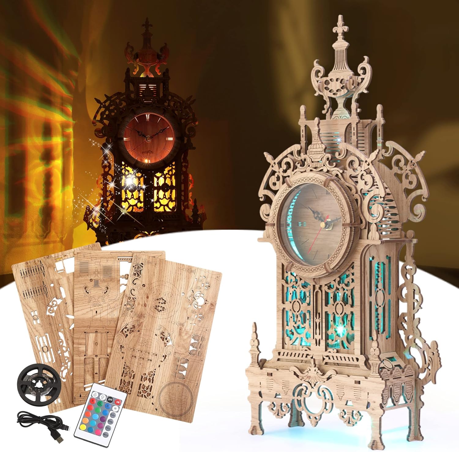 FUNPOLA LED 3D Wooden Puzzles for Adults Tower Clock - Wooden Model Kit for Adults to Build - 3D Puzzle Building Model Desktop Clock Model (LED-WTC01 Wood)