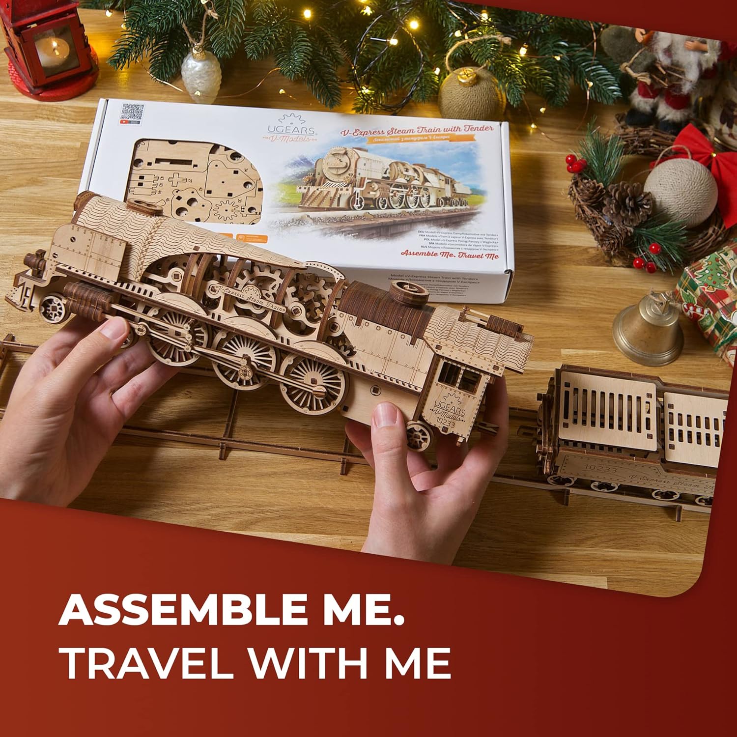 UGEARS V-Express Steam Train With Tender Puzzles For Adults 3D Wooden Puzzle Model Kits for Adults and Teens 3D Puzzle Building Kit Wooden Model Kits