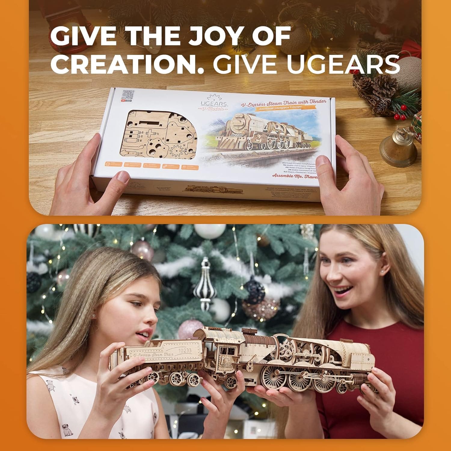 UGEARS V-Express Steam Train With Tender Puzzles For Adults 3D Wooden Puzzle Model Kits for Adults and Teens 3D Puzzle Building Kit Wooden Model Kits