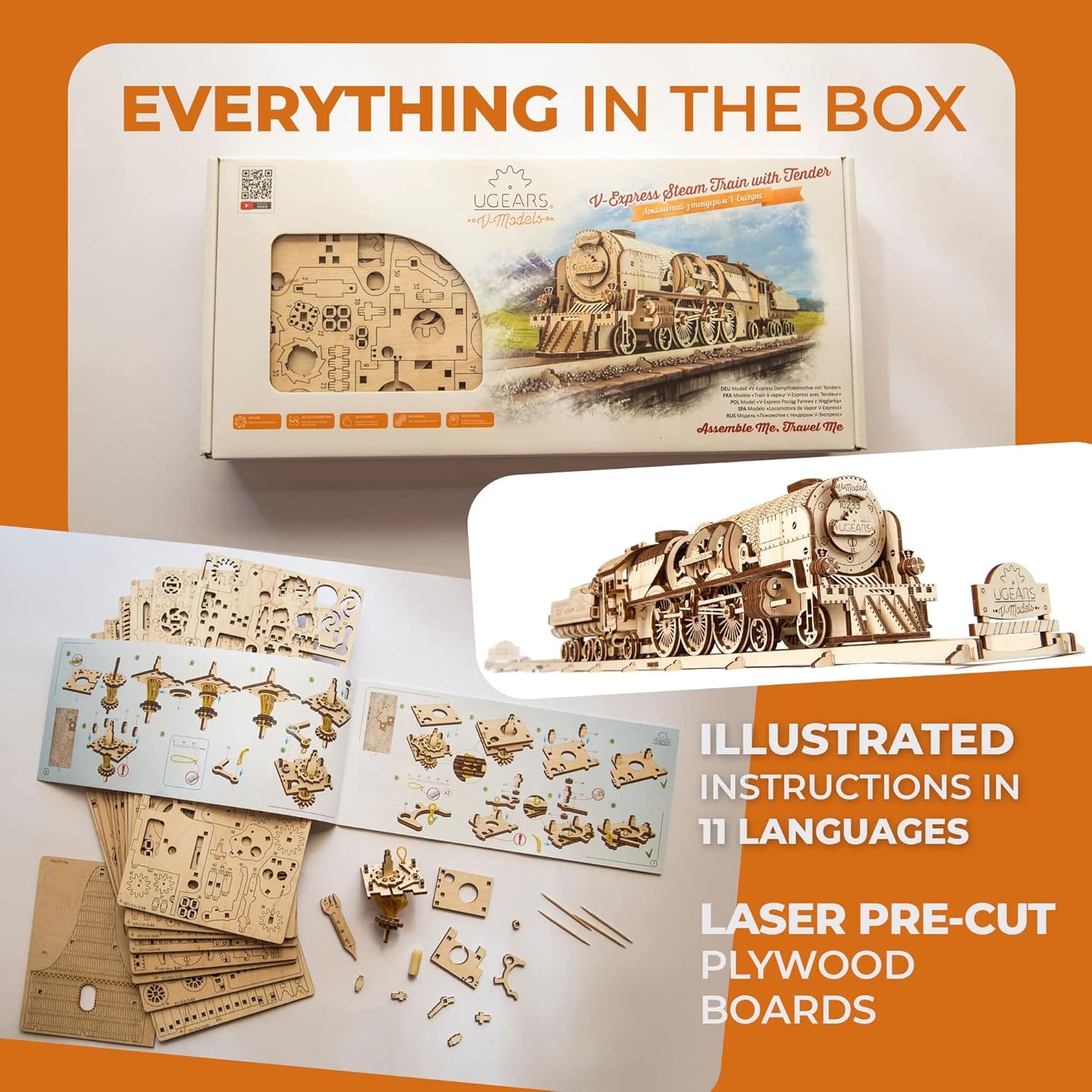 UGEARS V-Express Steam Train With Tender Puzzles For Adults 3D Wooden Puzzle Model Kits for Adults and Teens 3D Puzzle Building Kit Wooden Model Kits